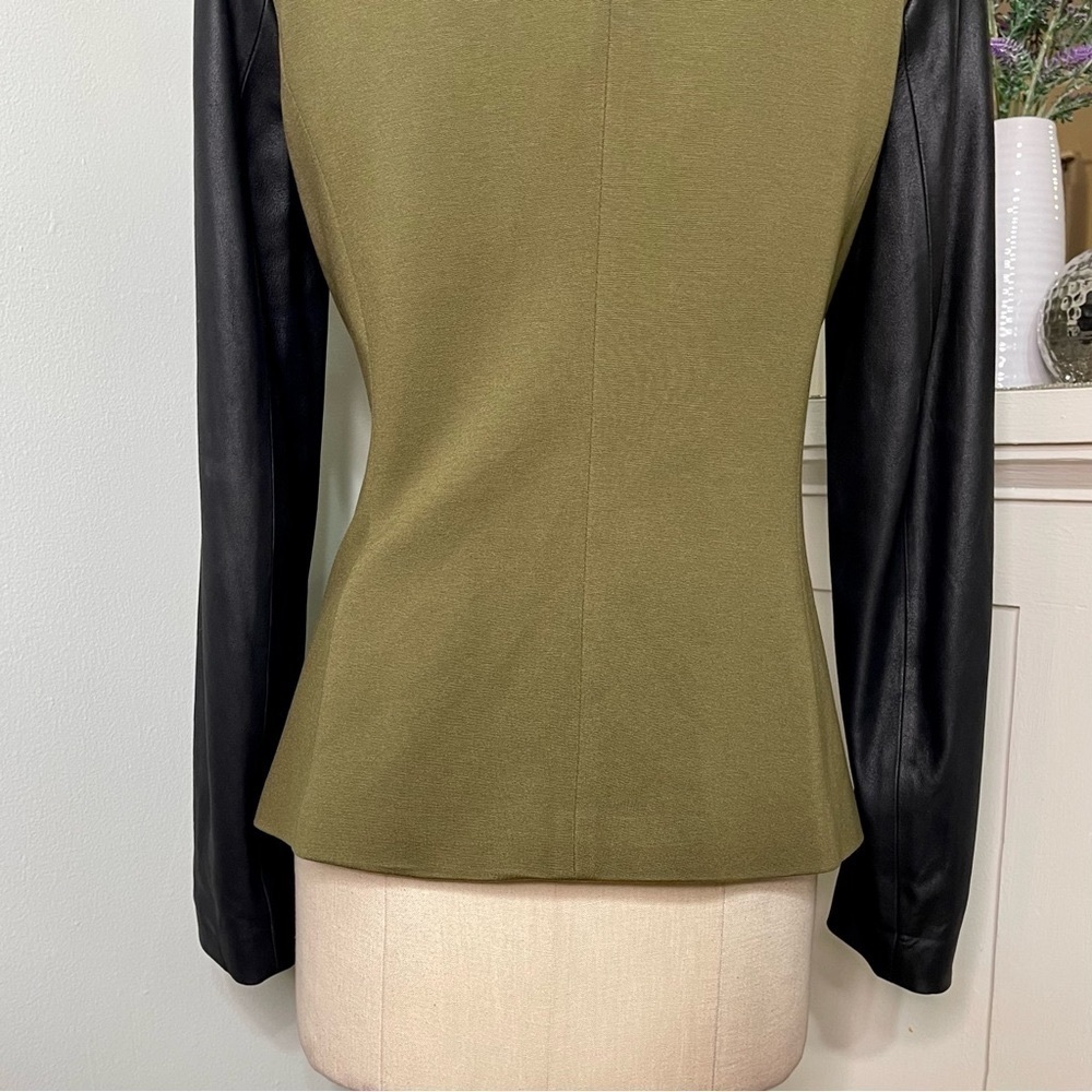 Theory Yaisa Pryor Leather Sleeve Blazer Jacket Olive Green & Black Large - Picture 9 of 16